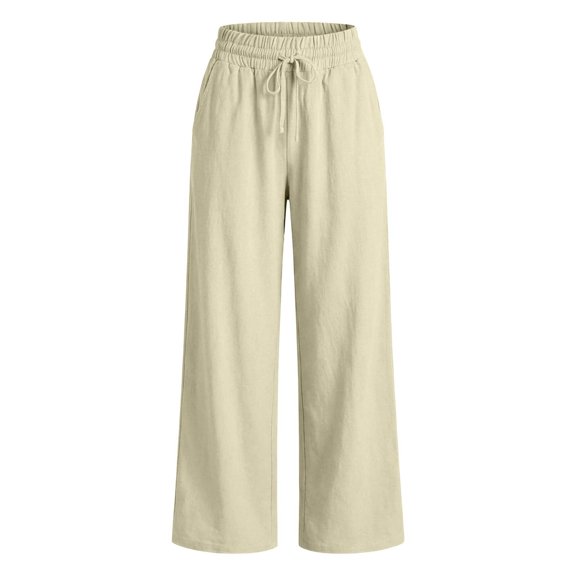 SAHFX Womens Wide Leg Linen Pants Drawstring Pants with Pockets Office Slacks Work Pants Boho Travel Pant Beach Outfits Summer Pants for Women Straight Leg Pants Lounge Trousers Comfortable Pants