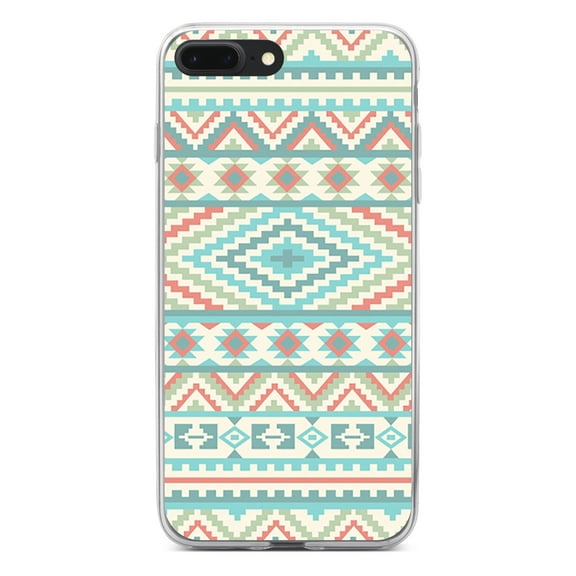 DistinctInk Clear Shockproof Hybrid Case for iPhone 7 PLUS / 8 PLUS (5.5" Screen) - TPU Bumper, Acrylic Back, Tempered Glass Screen Protector - Blue Orange White Tribal Print