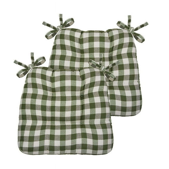 2 Pack Kate Aurora Country Living Plush Gingham Plaid Checkered Country Farmhouse Chair Cushions/Pads With Tear Proof Ties - Sage Green/Beige