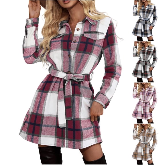 Tqcoqu Women's Plaid Faux Flannel Shirt Dress,Lapel Long Sleeve Belted Waist Button Down Mini Dress,Fall Winter Trendy Clothes