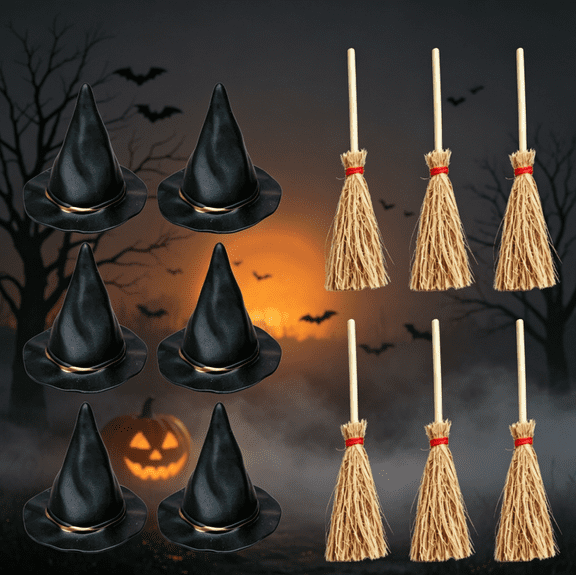 12 Pcs Mini Witch Hat with Mini Broom Set, Plastic Hats and Wooden Straw Brooms for Fall Party Craft Witches Decoration Accessory