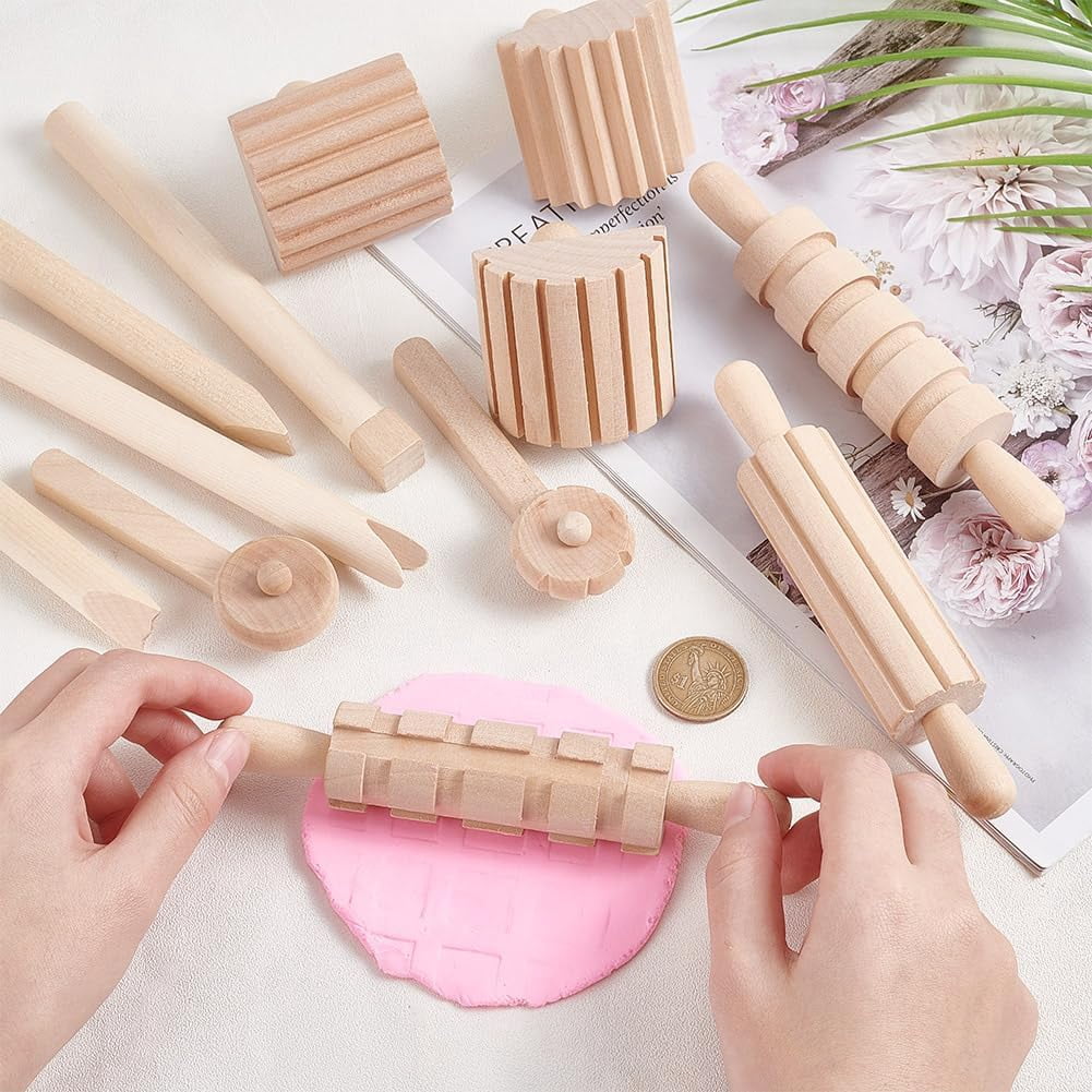 12pcs Clay and Dough Tools Play Accessories Includes Rollers Hammer Party Pack Wood Pottery Tools Stamps for Clay Art DIY Crafts Art Craft Activity Supplies BurlyWood