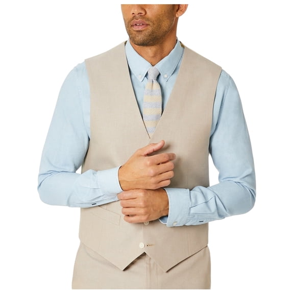 Tommy Hilfiger Mens Modern fit Button-Up Suit Vest Large Beige Solid Stretch