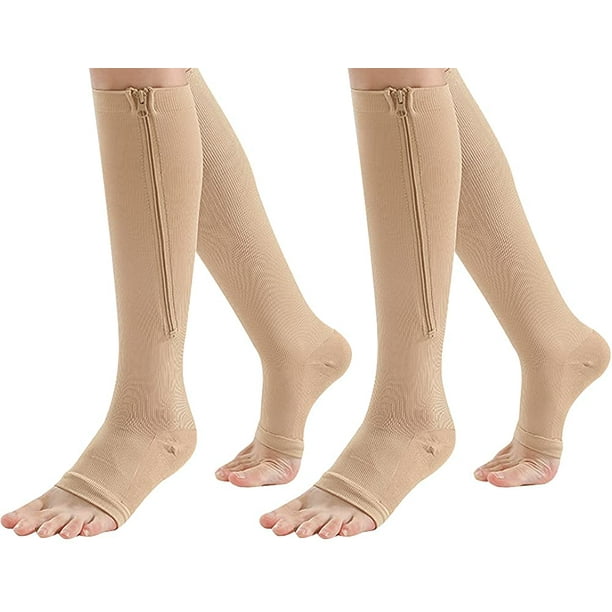Zipper Pressure Compression Socks Support Stockings Leg, Open Toe Knee High Helps Circulation