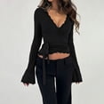 thumbnail image 2 of Tqyyweavej Womens Tie Side Wrap Tops Lace Long Flare Sleeve Crop Cardigan Yoga Ballet Deep V Neck Cover up Tops Pilates Outfits, 2 of 8