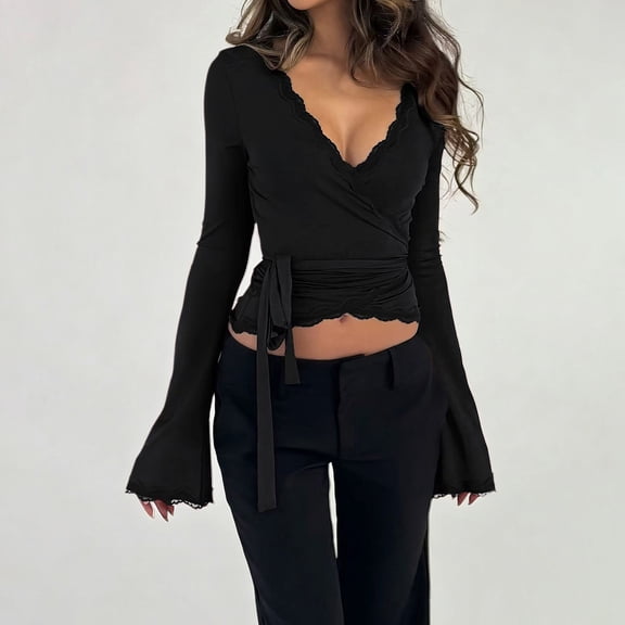 ClodeEU Women's V Neck Lace Trim Long Bell Sleeve Blouse With Tie Waist,Casual Slim Fit Elegant Top Black,Women's Plus L
