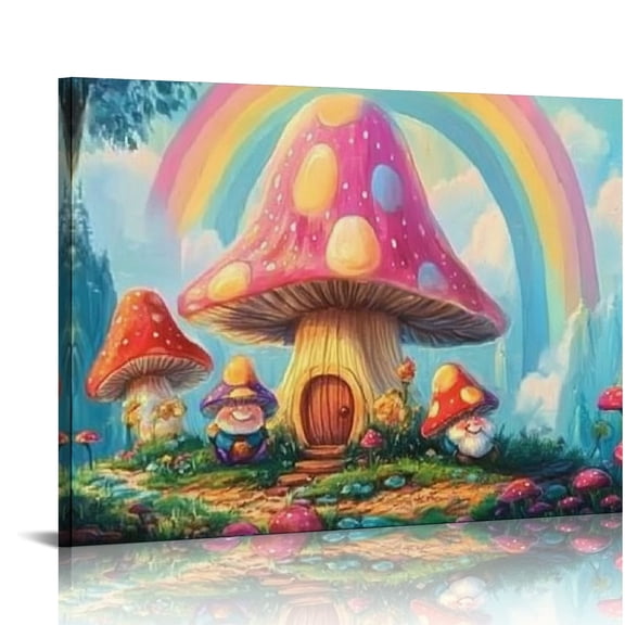 SHERONV Mushroom House Rainbow Fantasy Art Canvas Wall Art 20x16in