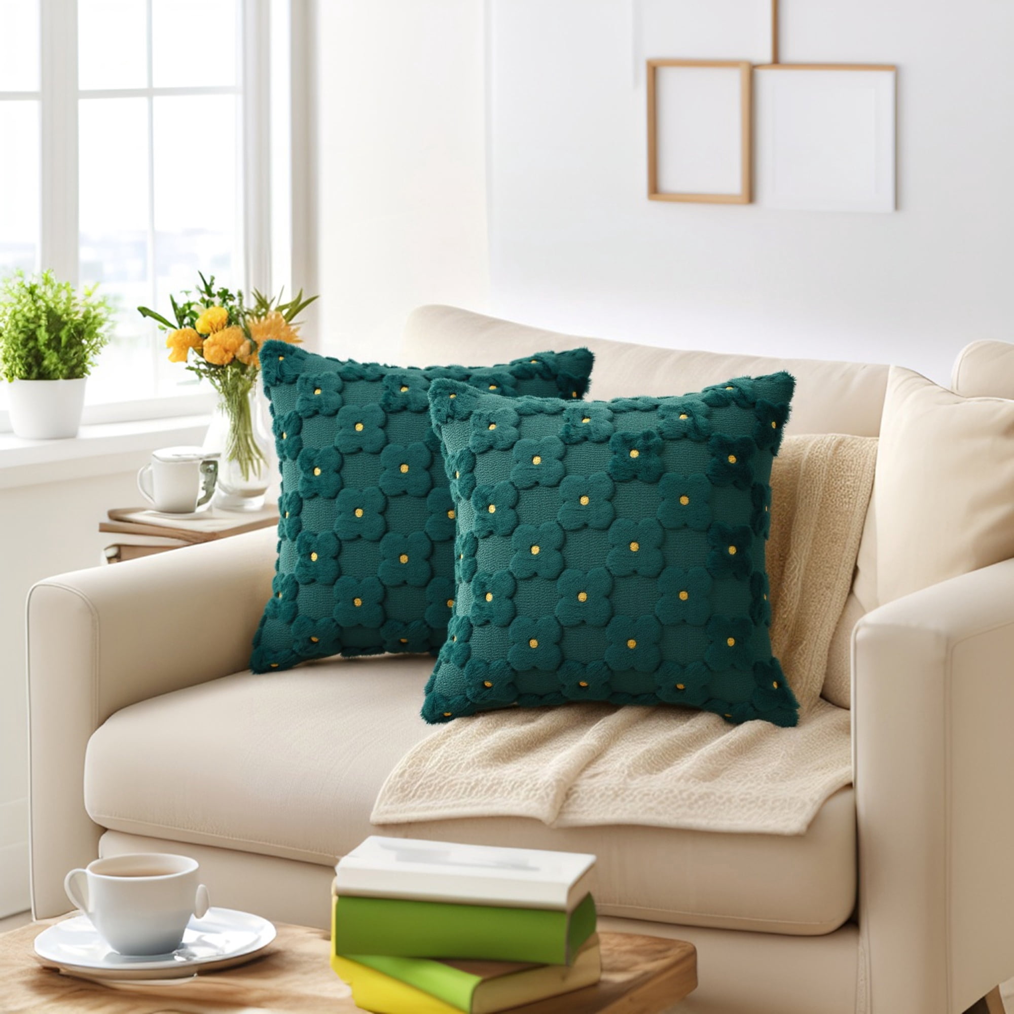 Unique Bargains Cute Daisy Embroidery Pillow Covers Pack of 2 Green 18" x 18"