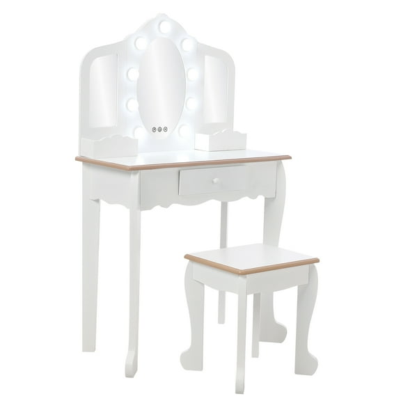 Kicctian Kids Vanity Set with Tri-Fold Mirror, Wooden Dressing Table and Stool for Girls Ages 4-9,White