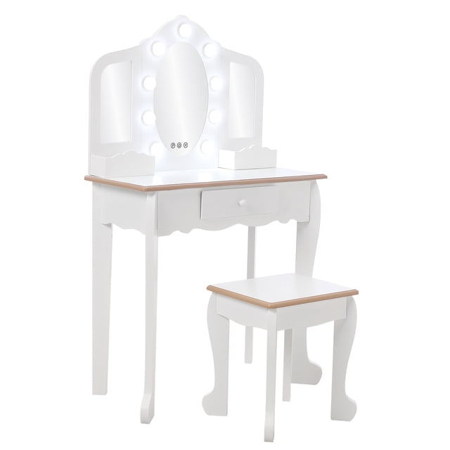 Tocador para niñas con espejo triple y luces ajustables, set de maquillaje infantil de madera con taburete y cajón, mesa de juego de roles para dormitorio o sala de juegos, blanco