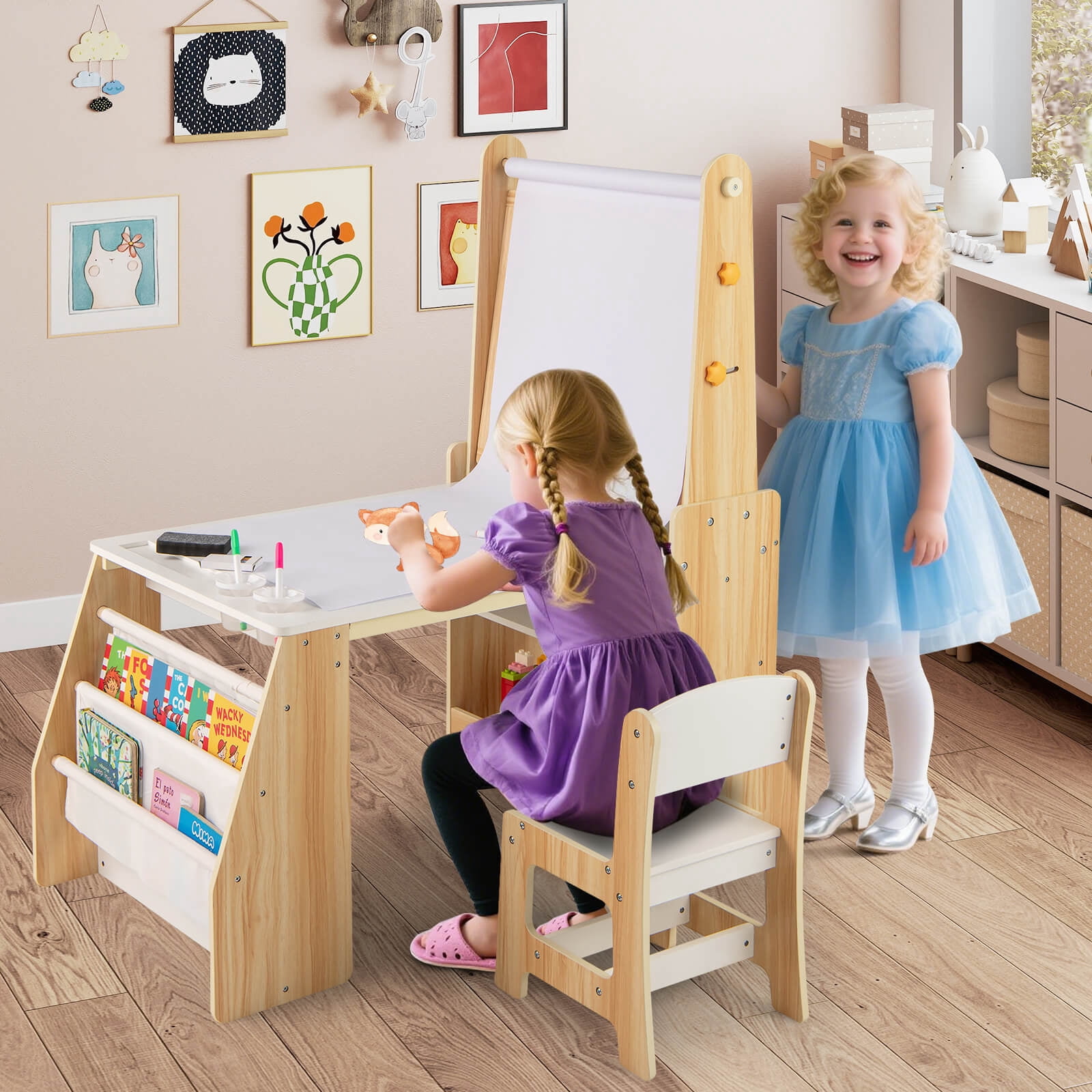 Costway Kids Art Table and Chair Set with Easel & Chair Whiteboard & Chalkboard Paper Roll Natural + White
