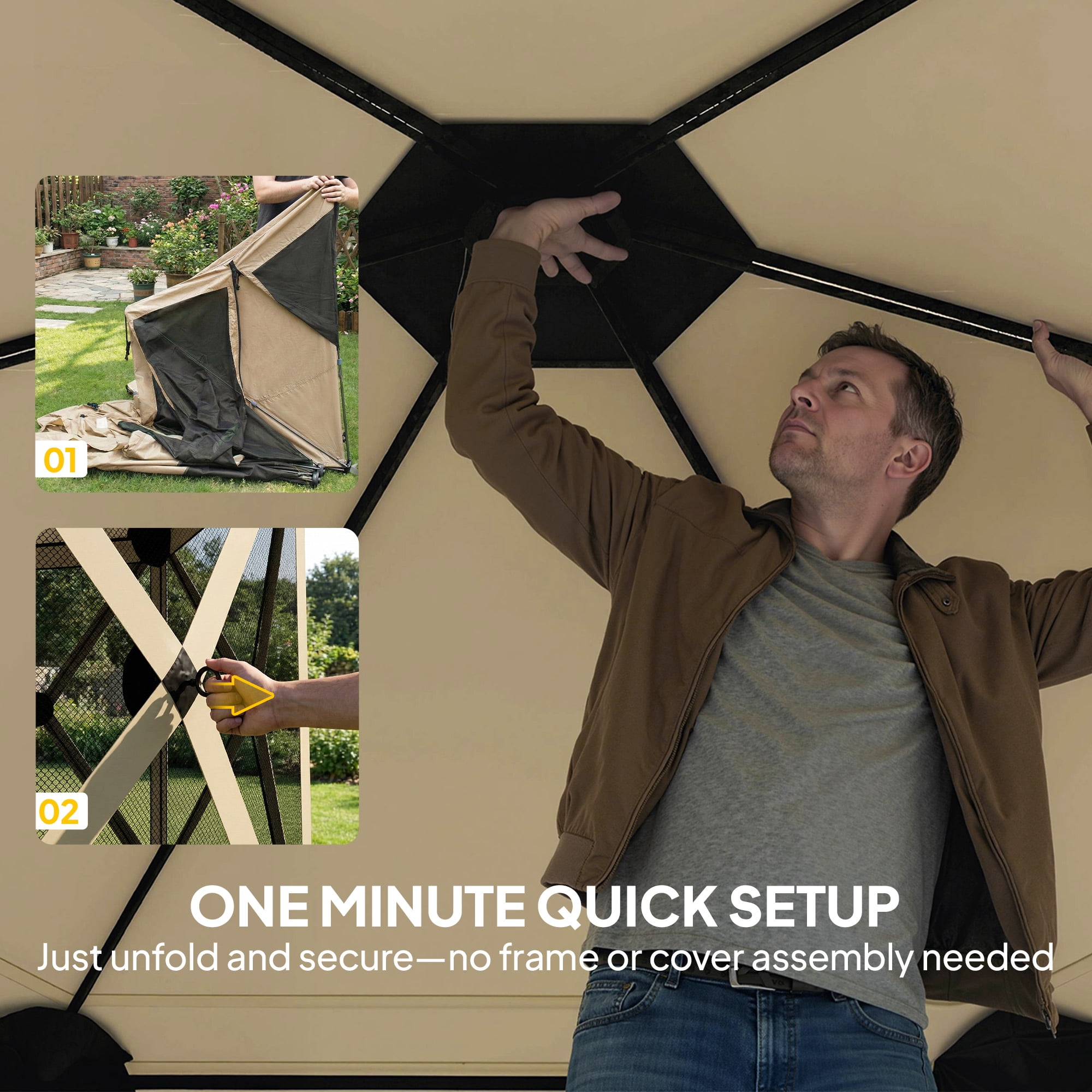 Outsunny 10 x 11 ft Pop Up Gazebo Screen Tent, Outdoor Portable Instant Camping Canopy Screen House Sun Shelter with Nettings, Carry Bag, Beige