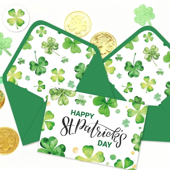 CaiYueKe 10 Pcs St. Patrick's Day Greeting Cards Bulk Blank Note Cards with Envelopes and Shamrock Stickers for Party Invitations Thank You Notes Holiday Celebration Supplies