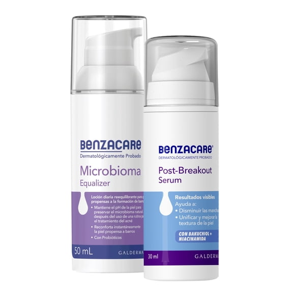 Galderma Anti Imperfecciones Benzacare Microbioma Equalizer Loción hidratante + Post Breakout Serum 30ml con Bakuchiol para manchas ocasionadas por acné