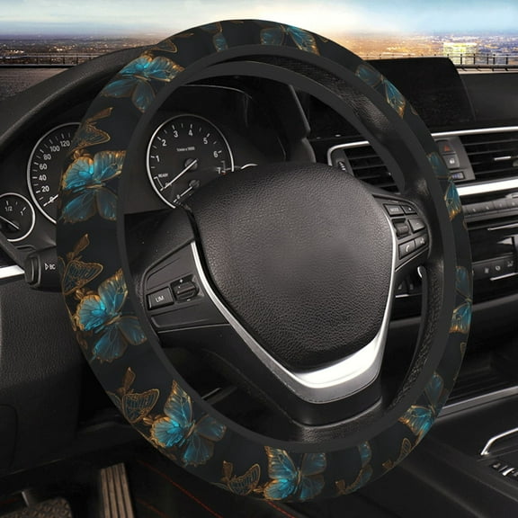 Steering Wheel Cover Anti-Slip Elastic Car Protective Universal 15 Inch Fit for Vehicles Auto SUVs , Gold Blue Butterflies Golden Butterfly