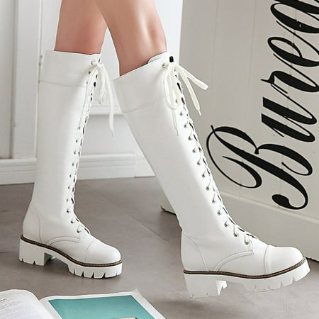 Herrnalise Women Warm Boots Square Heels Shoes Lace-Up Casual Long Fashion Booties clearance under 5