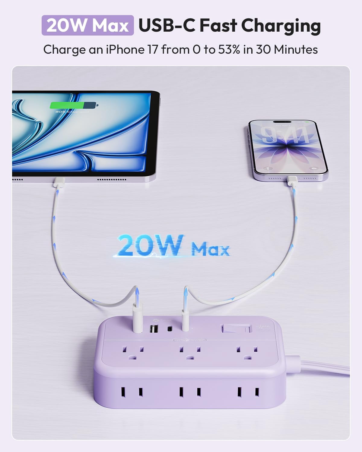 Purple Extension Cord Surge Protector Power Strip With 6 Outlets 4 Usb Ports(20w)  Flat Multiple 5 Ft Plug Outlet Extender For Indoor Office