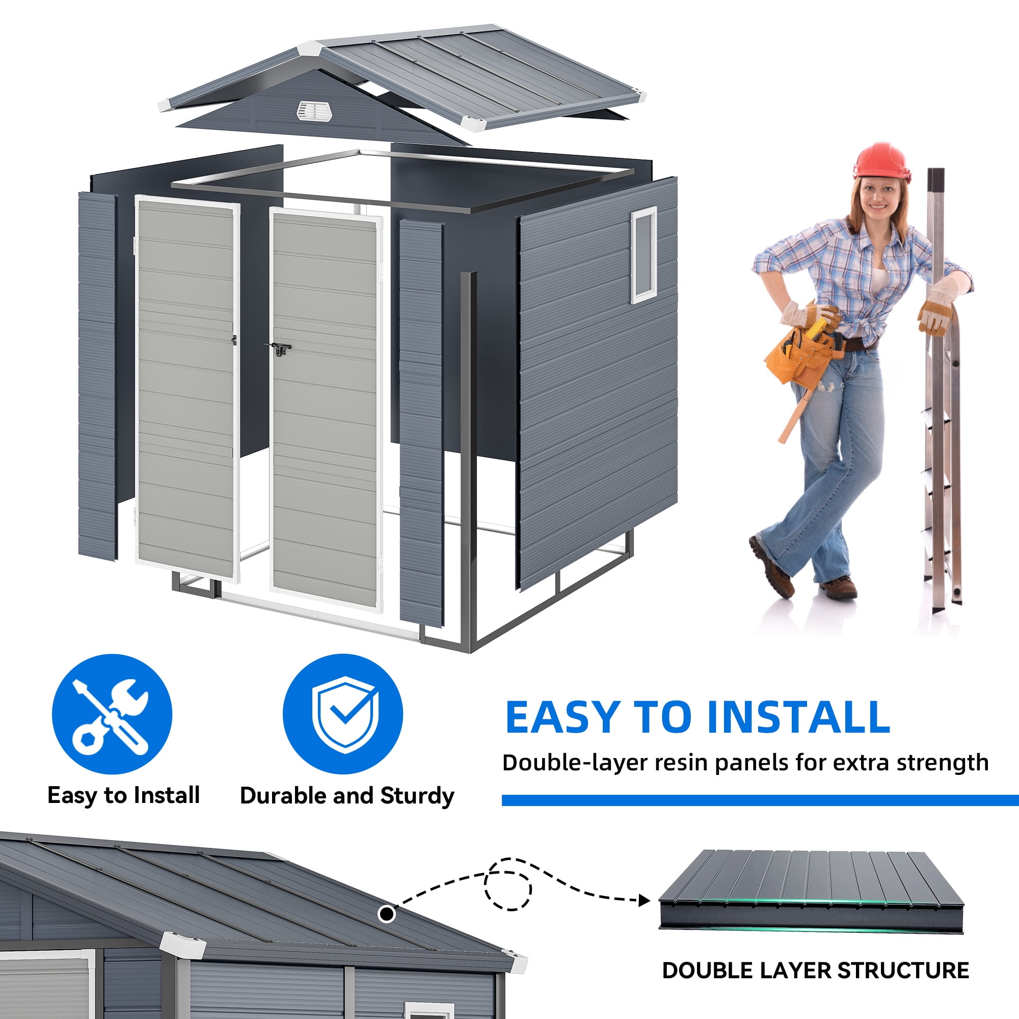 Dextrus 6.3x6.2ft Outdoor Resin Storage Shed with Windows,Vents,and Secure Doors,All-Weather Plastic Storage Unit for Poolside,Lawn,Backyard,and Patio