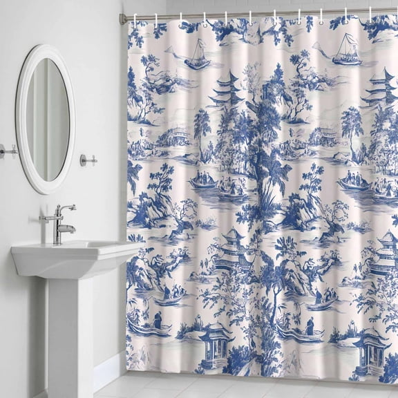 Shower Curtain, Blue Chinoiserie Garden Pavilion Waterproof Shower Curtain Set with Hooks for Bathroom Showers,Stalls and Bathtubs,72x72In Asian Scenic Hill Boat Plant