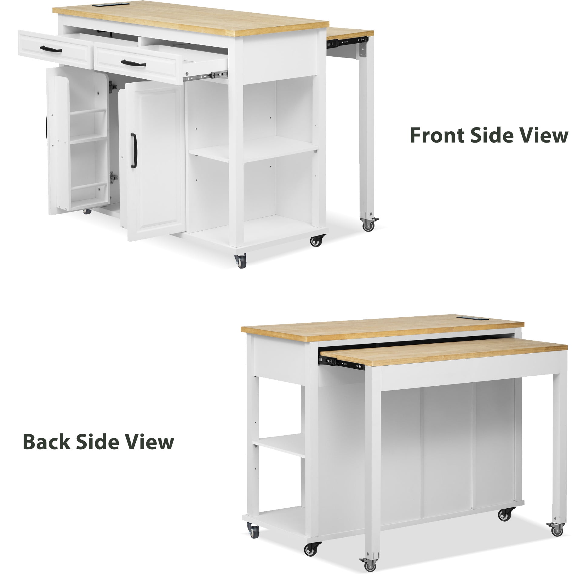 47" Kitchen Island with Extendable Table, Rubber Wood Veneer Kitchen Cart Table with Storage, Power Outlet, Rolling Island Cart For Kitchen, White