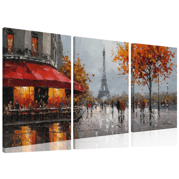2D Flat, 3pcs Canvas Triptych, Paris Street Scene Painting, French Cityscape Wall Art with Eiffel Tower, Autumn Colors, Living Room, Bedroom, Hallway Decor, No Frame Needed, Home Decoration