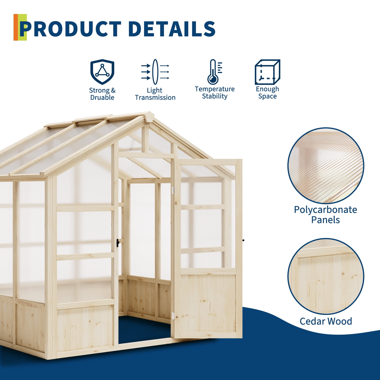 Shininglove 6x8FT Spruce Wood Greenhouse w/Lockable Door & Adjustable Vent – Heavy-Duty Polycarbonate Panel Outdoor Garden House (Light Brown)