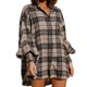 thumbnail image 1 of Camisa de manga larga a cuadros para mujer, informal, a la moda, con mangas abullonadas, camisa a cuadros de manga larga con botones, blusa, Top marrón claro L, 1 of 6