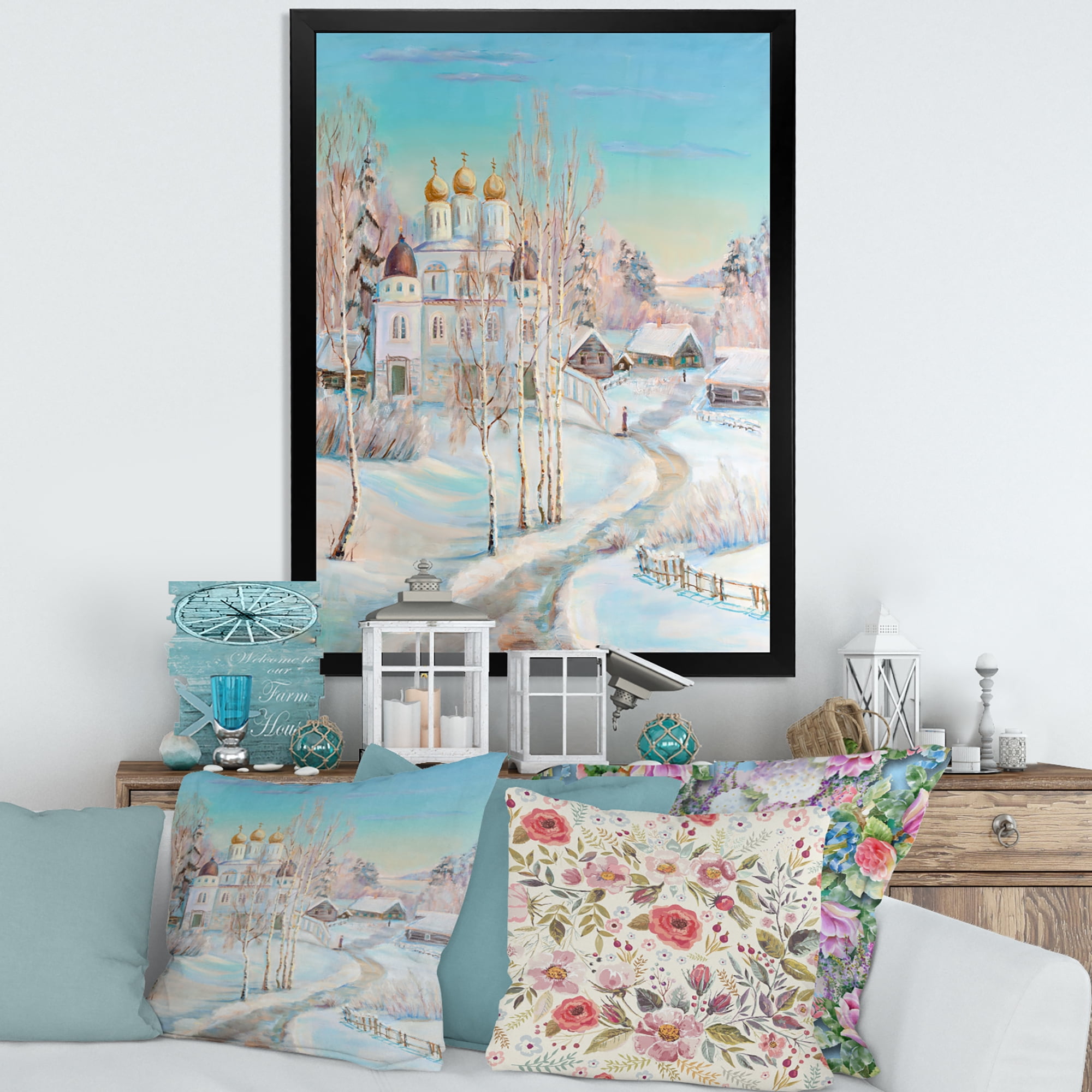 Designart 'Temple Over Country Road In Winter Landscape' Traditional Framed Art Print
