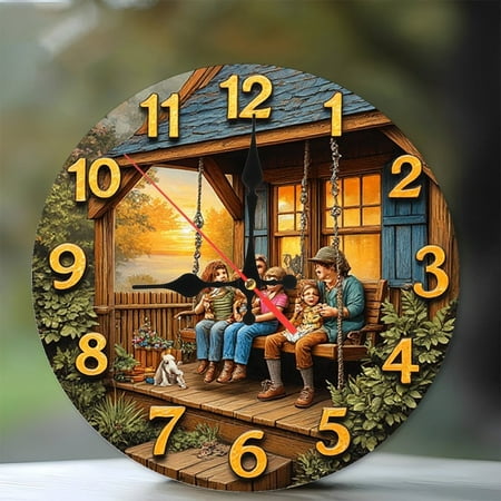 Family Porch Swing Wall Clock Rustic Home Decor 10-Inch Silent Wooden Wall Clock, Battery Operated (AA Batteries Not Included), Artistic Home Decor