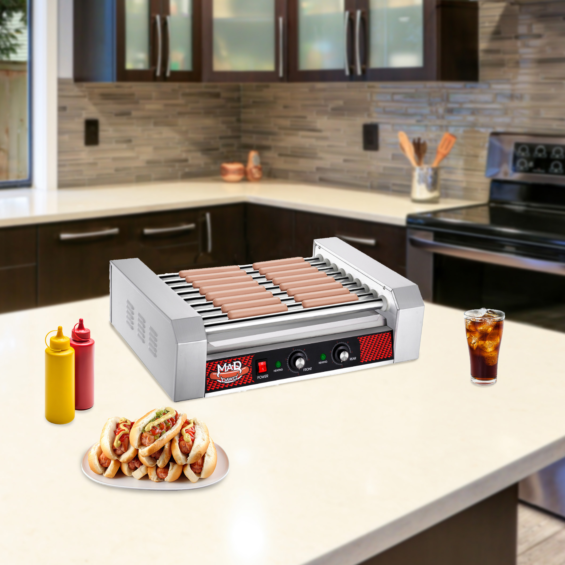 24 Hot Dog Roller Machine- 9 Rollers, Hotdog or Sausage Grill -Electric Countertop Cooker, Drip Tray & Dual Zones by Great Northern Popcorn - image 4 of 5