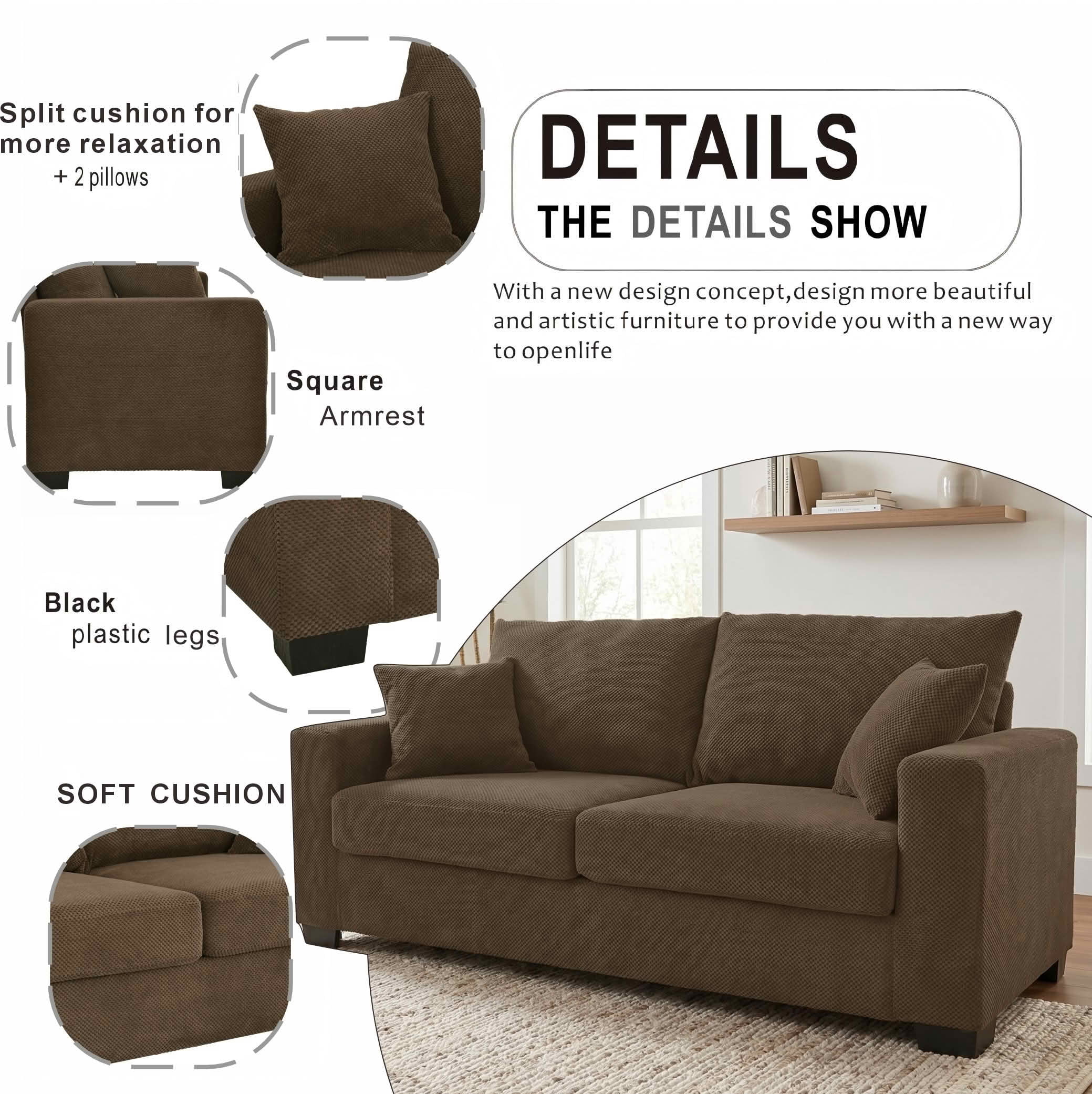 MAYEERTY 69 Inch 2‑Seater Upholstered Sofa, Textured Fabric Couch with 2 Throw Pillows and Plastic Legs for Apartment, Living Room, Home Office