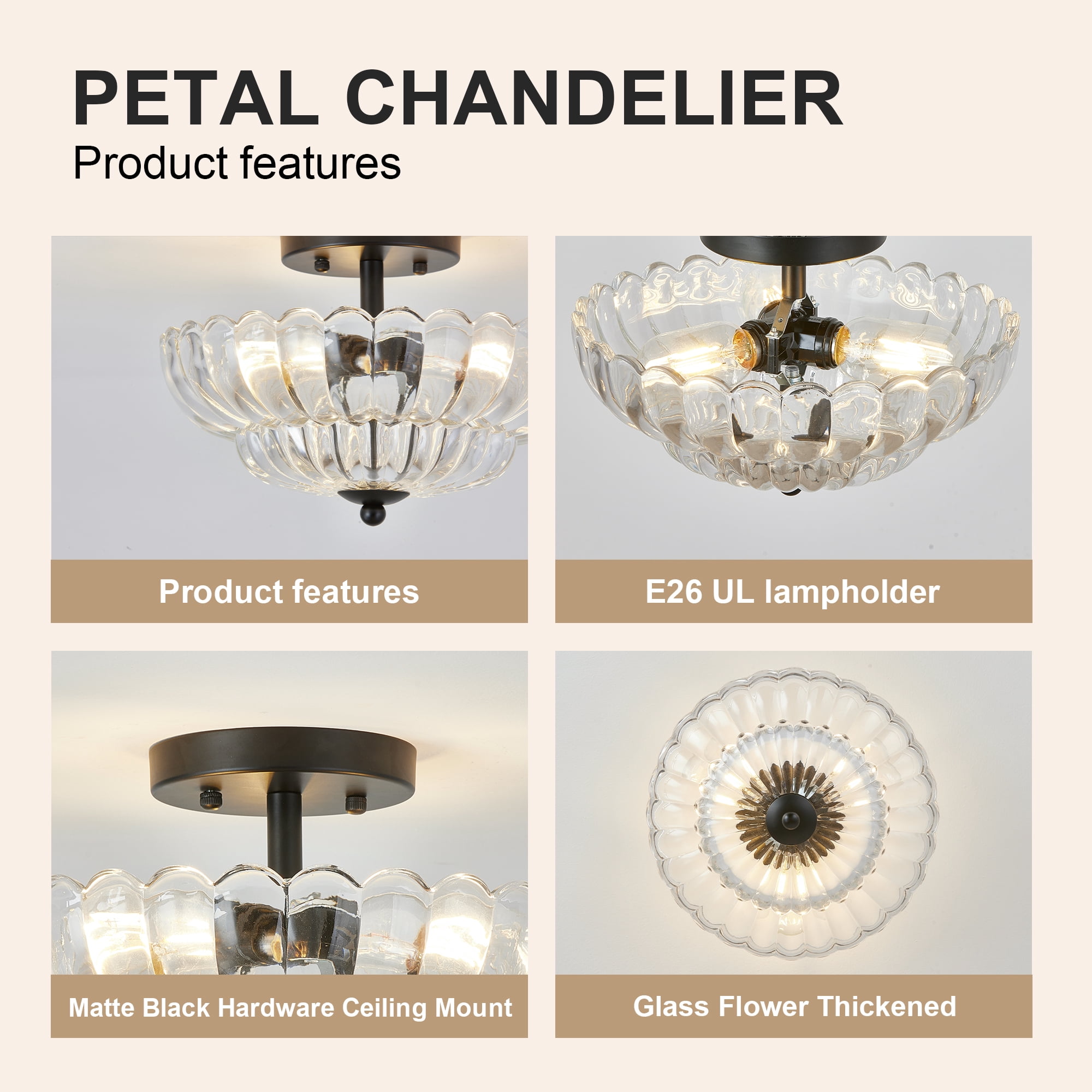 Leumius Semi Flush Mount Ceiling Light, 3-Light Close to Ceiling Light Fixtures with Flower Glass, Vintage Ceiling Lights for Hallway Living Room Kitchen Bedroom Bathroom, Clear+Black