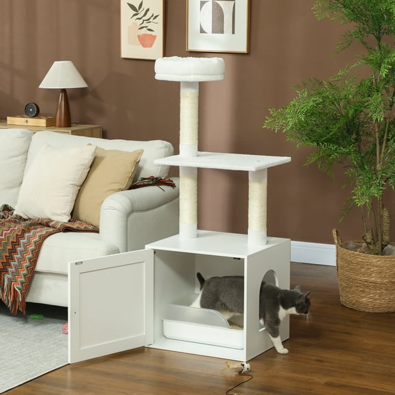 PawHut Cat Tree with Litter Box Enclosure for Indoor Cats with Scratching Posts, Bed, Climbing Platforms, Modern Style Pet Furniture, White