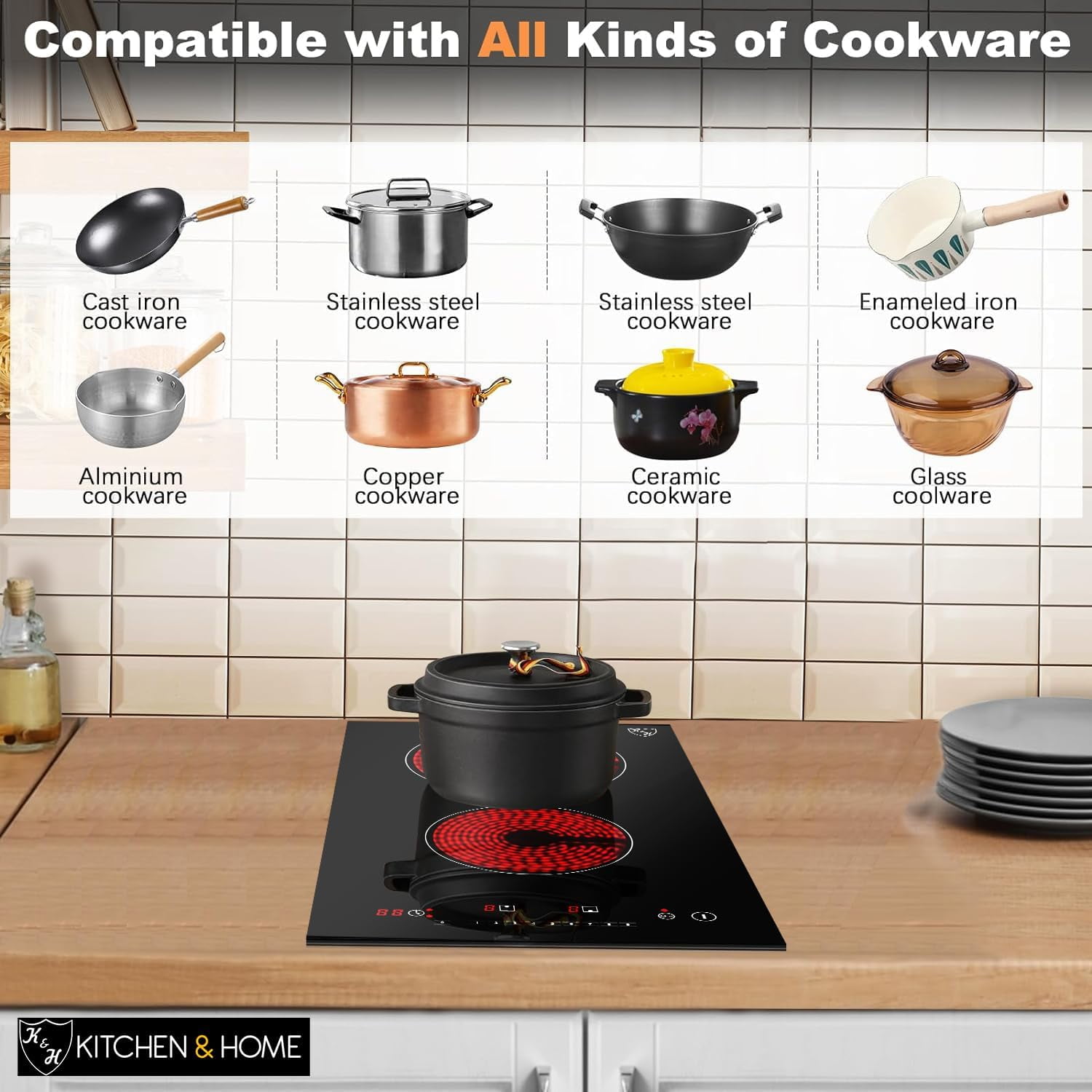 K&H German Designed 2 Burner Dual 12 Inch Built-in Electric Stove Top Radiant Ceramic Kitchen Cooktop Sensor Touch Control 240V 3000W CERV-3002