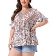 thumbnail image 4 of Agnes Orinda Women's Plus Size Top Floral Print V Neck Ruffled Short Sleeve Shirts Boho Pleated Casual Summer Flowy Blouses 4X Light Pink, 4 of 6