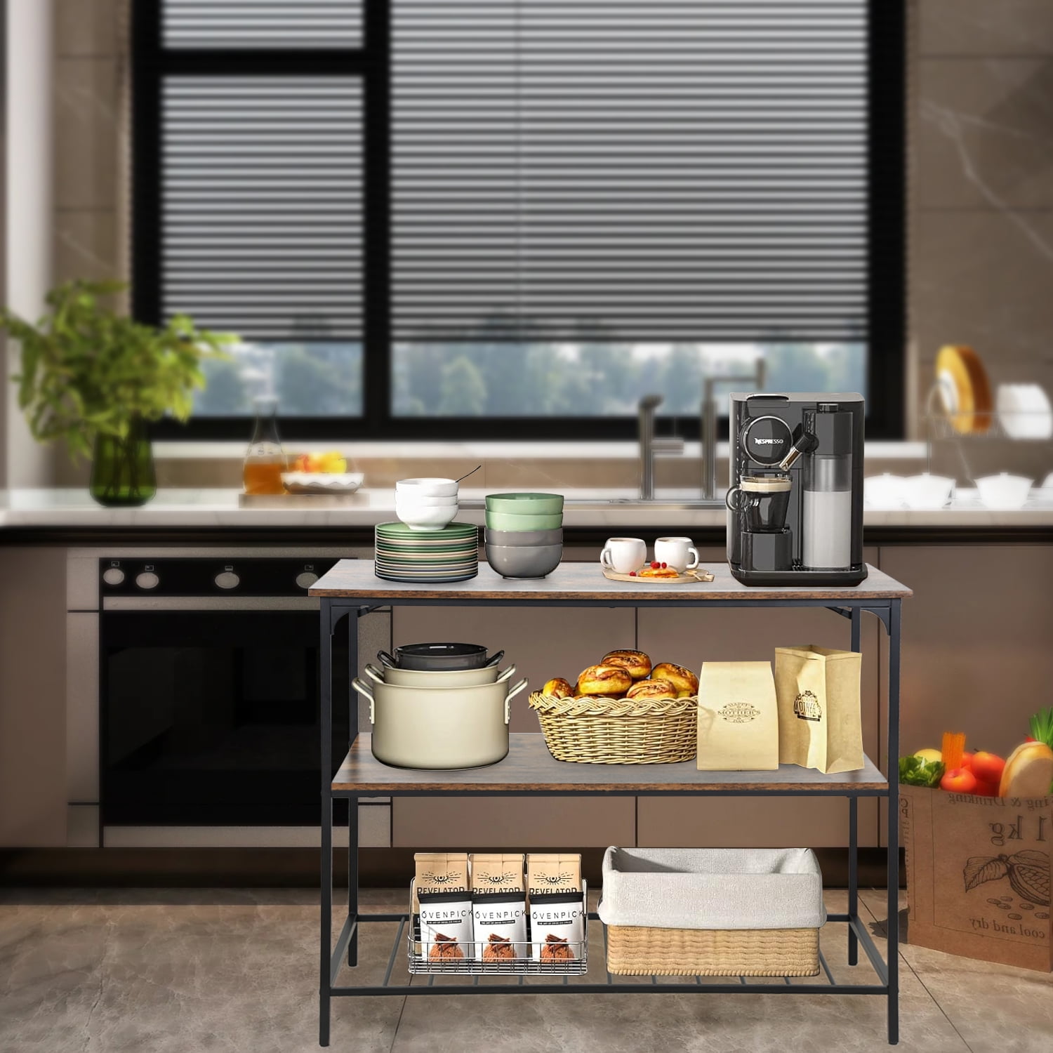 Dkelincs 3 Tier Kitchen Storage Kitchen Island Counter with Large Storage Space for Kitchen Living Room Coffee Shop, Brown