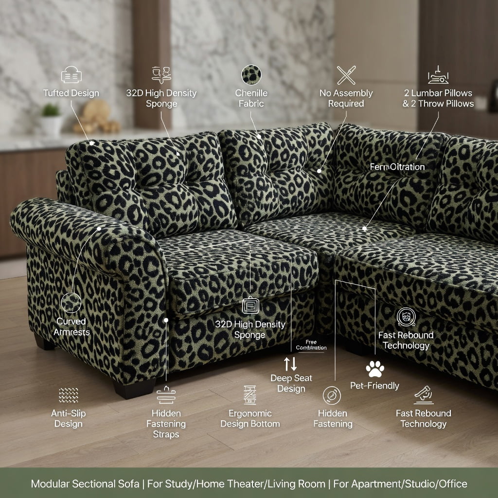 Hommoo 131" Modern Leopard Print Chenille L-Shaped Sofa Set with Movable Ottoman, Tassel Trim & Ergonomic Deep Seat, 4-Seat Modular Living Room Sofa, Green Black