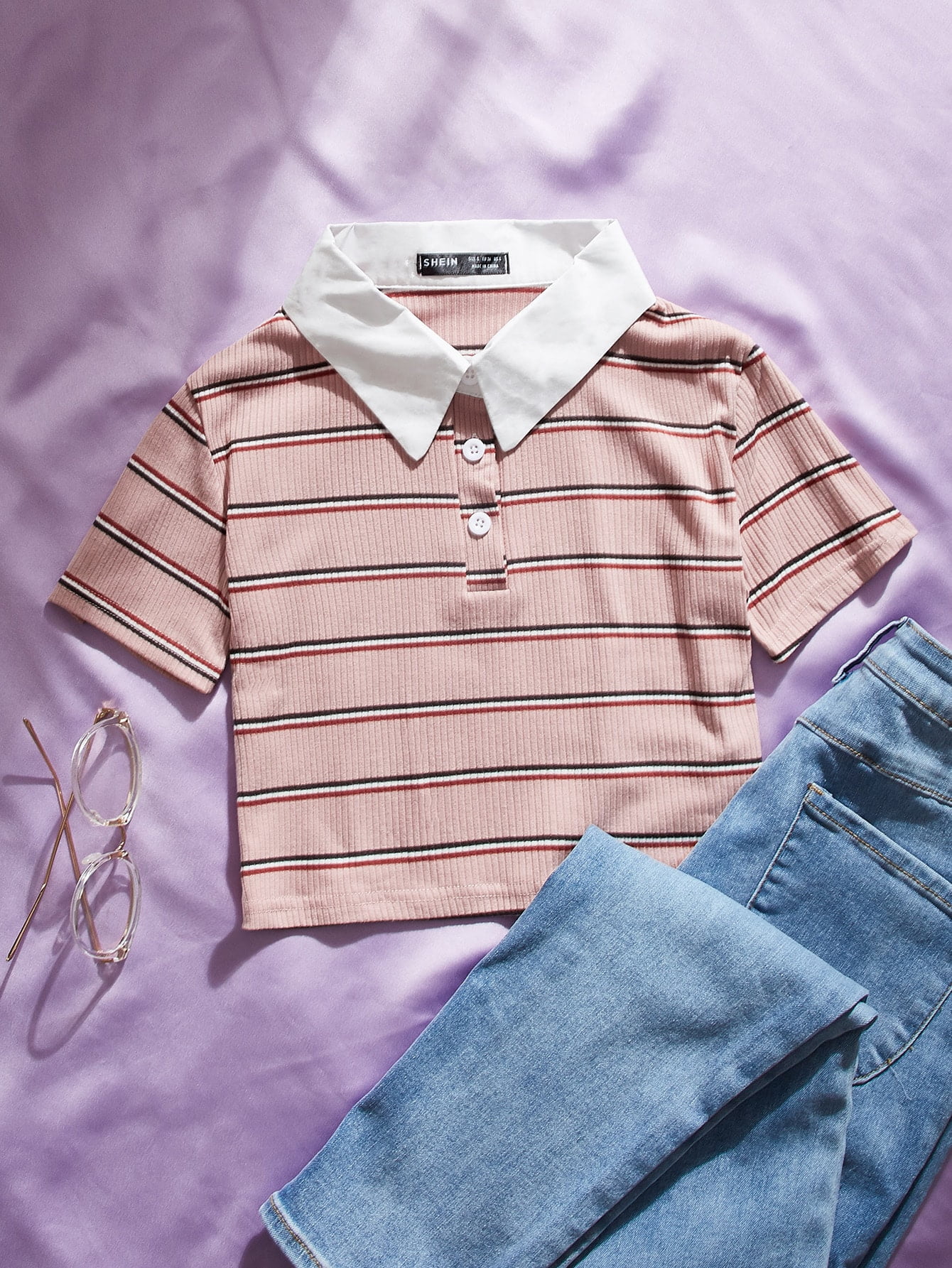 Striped Contrast Collar Polo Shirt 