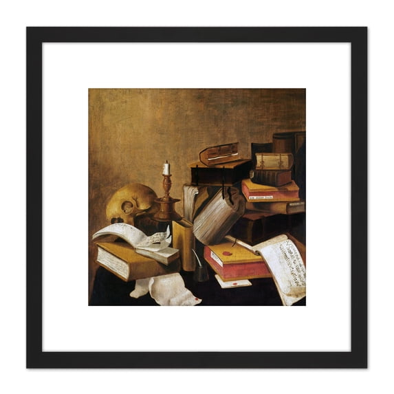 Vanitas Still Life With Books Painting 8X8 Inch Square Wooden Framed Wall Art Print Picture with Mount