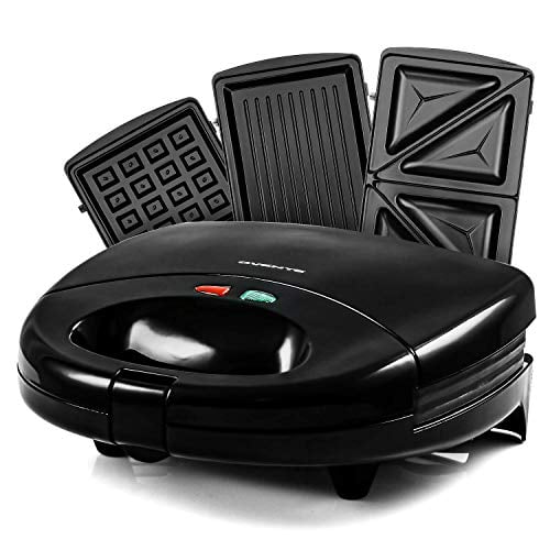 Ovente 3in1 Sandwich Maker, 3 Interchangeable Nonstick Sandwich, Waffle, & Grill Plates, 750W