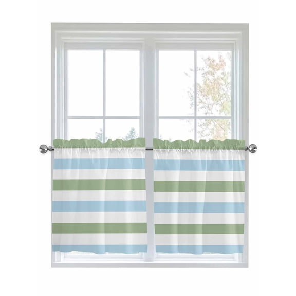 Half Window Curtains 24 Inches Long, Sage Green Blue Striped Window Treatment Curtain Drapes, Farmhouse Sage Green Stripes Short Curtains Tiers for Kitchen Over Sink, 27.5"x24", 2 Panels