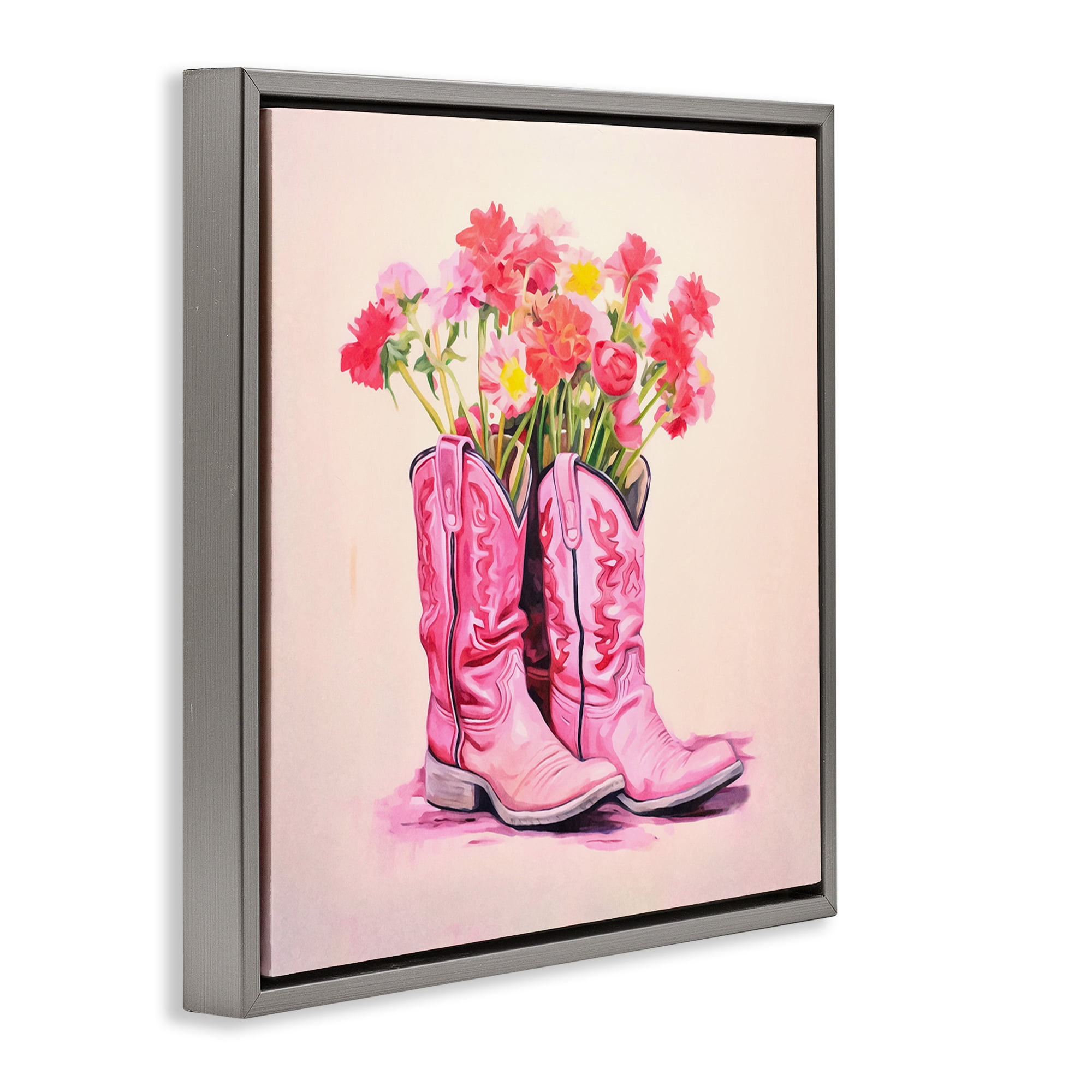Stupell Industries Pink Blossom Boots Botanical & Floral Painting Gray Floater Framed Canvas Art Print Wall Art, 25 x 25