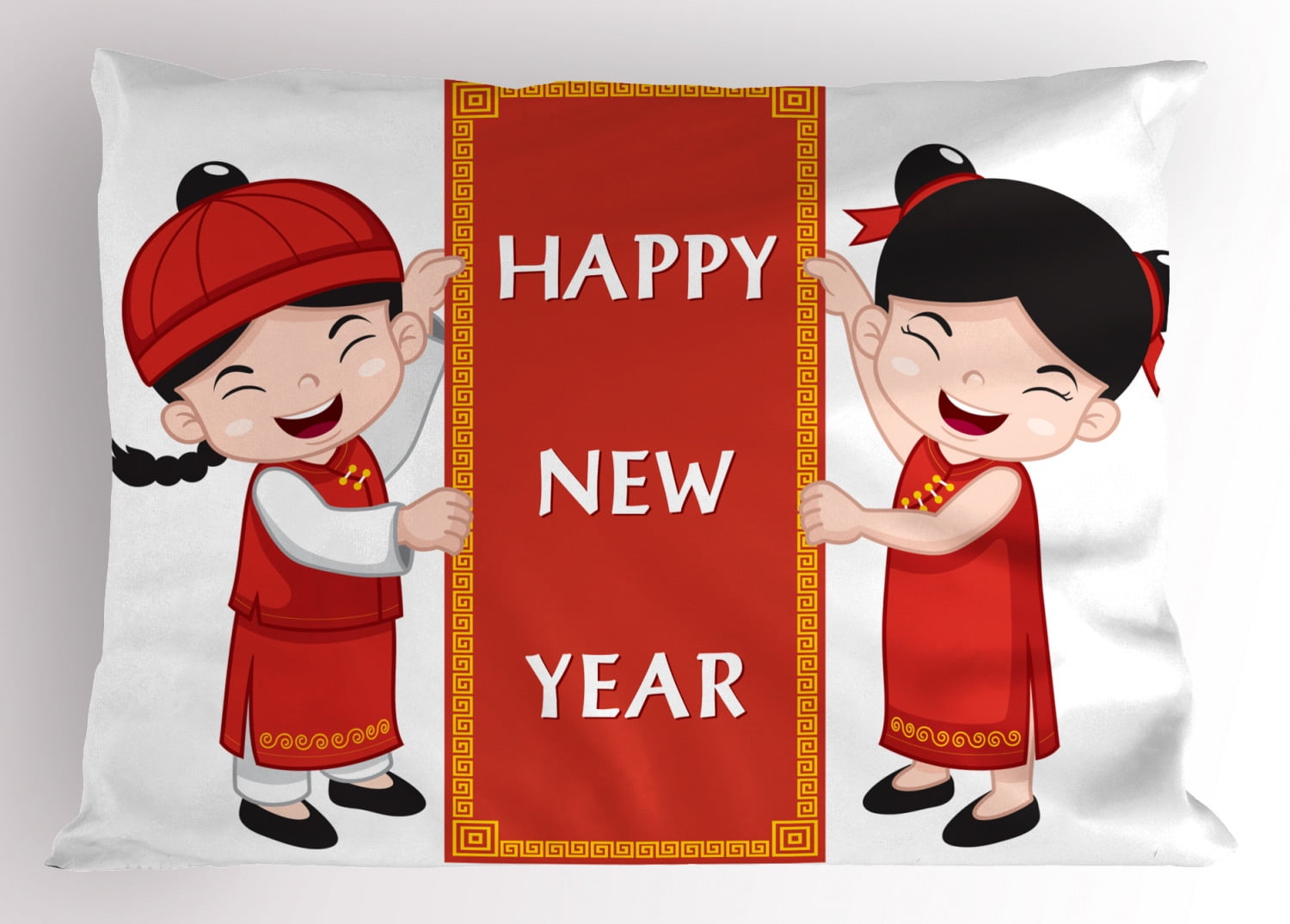 Chinese New Year Pillow Sham Cheerful Asian Children In