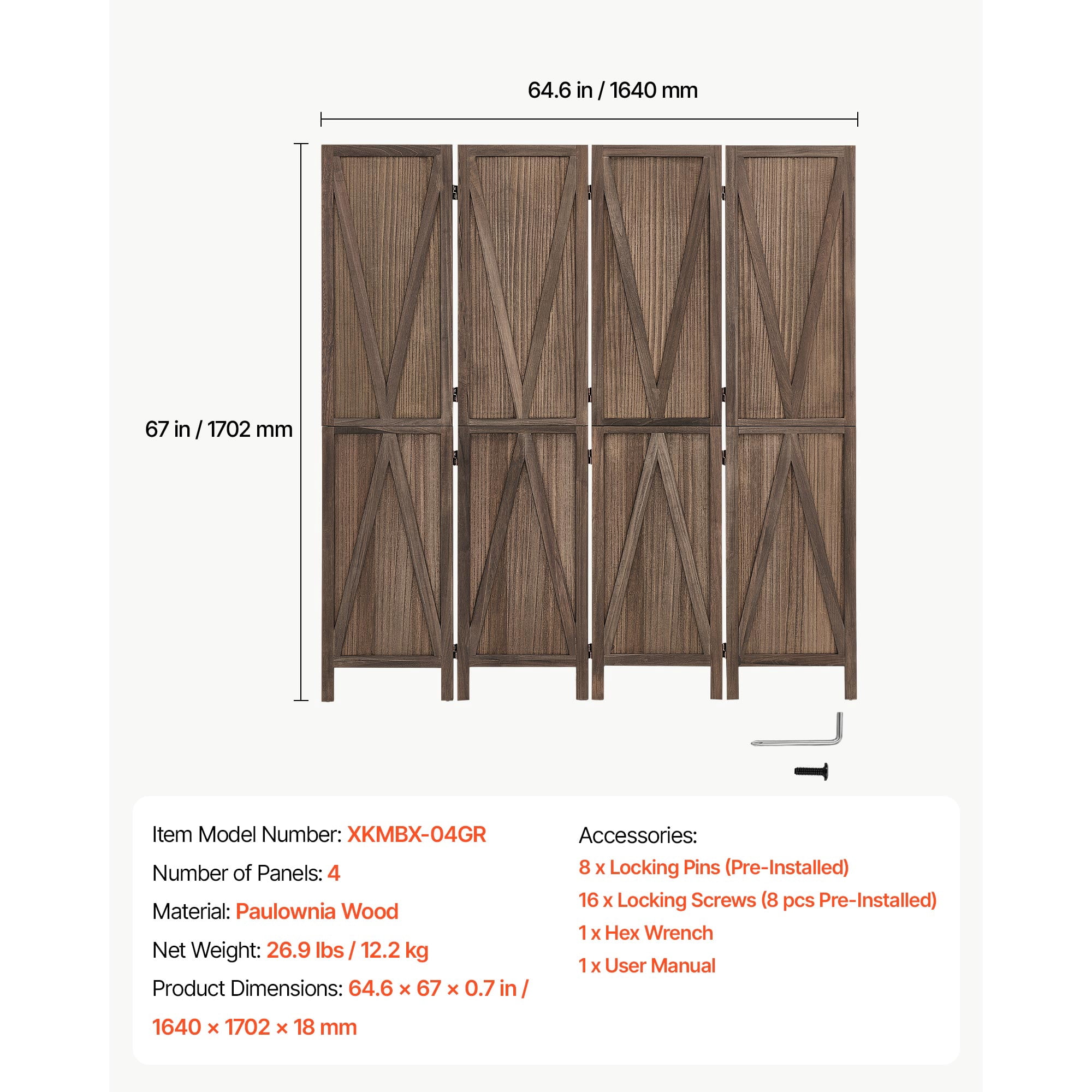 KFFKFF 4-Panel Wooden Room Divider with X Pattern, Folding Privacy Screen for Home Decor and Room Separation, 67 Inches Tall, Solid Frame, 360° Two-Way Hinges, Rustic Wooden Partition with Hardware