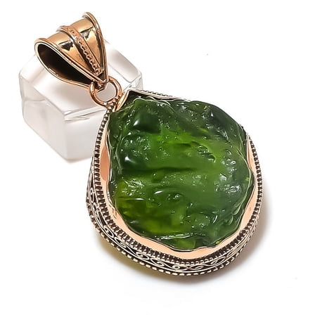 Natural Moldavite Quartz Gemstone Handmade Copper Jewelry Pendant 2.09"