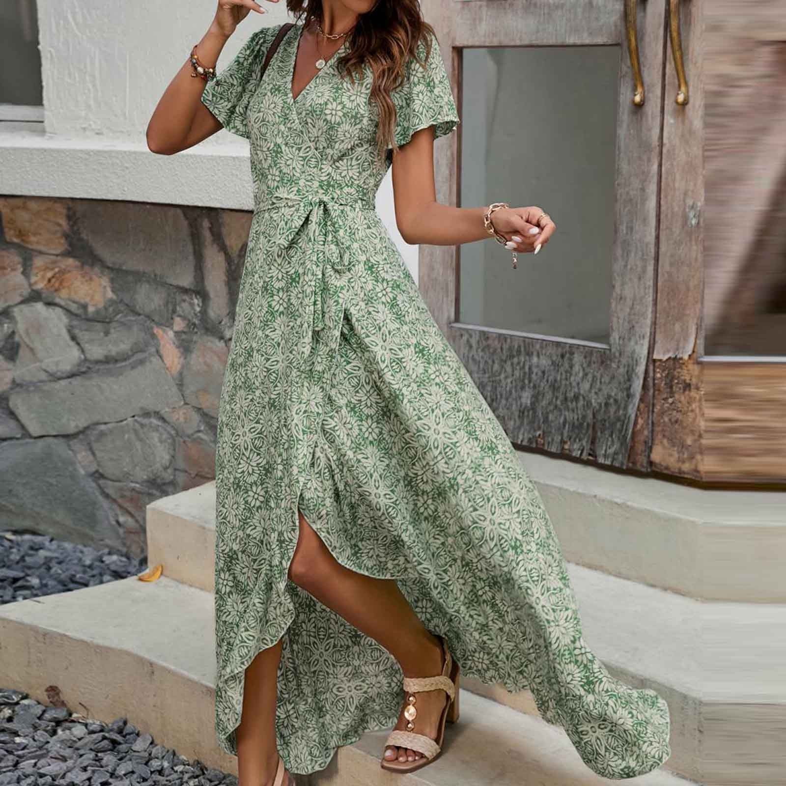 ZESICA Women's 2025 Bohemian Floral Printed Wrap V Neck