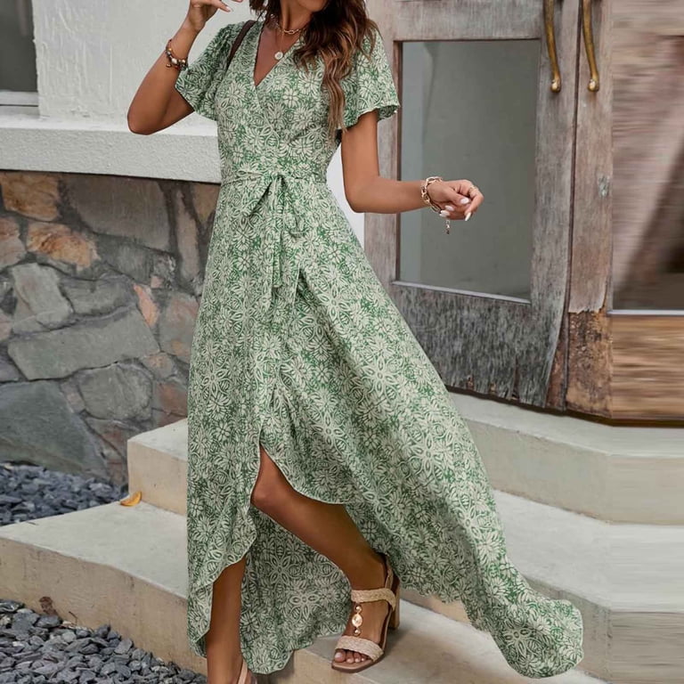 green emerald velvet dress Ava V Neck Short Sleeve Maxi Dress Green main image 0