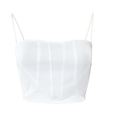 B91xZ Trendy Tops For Women Womens Vintage Strapless Open Back Boned Mesh Bustier Zip Back Corset Crop Top White  L