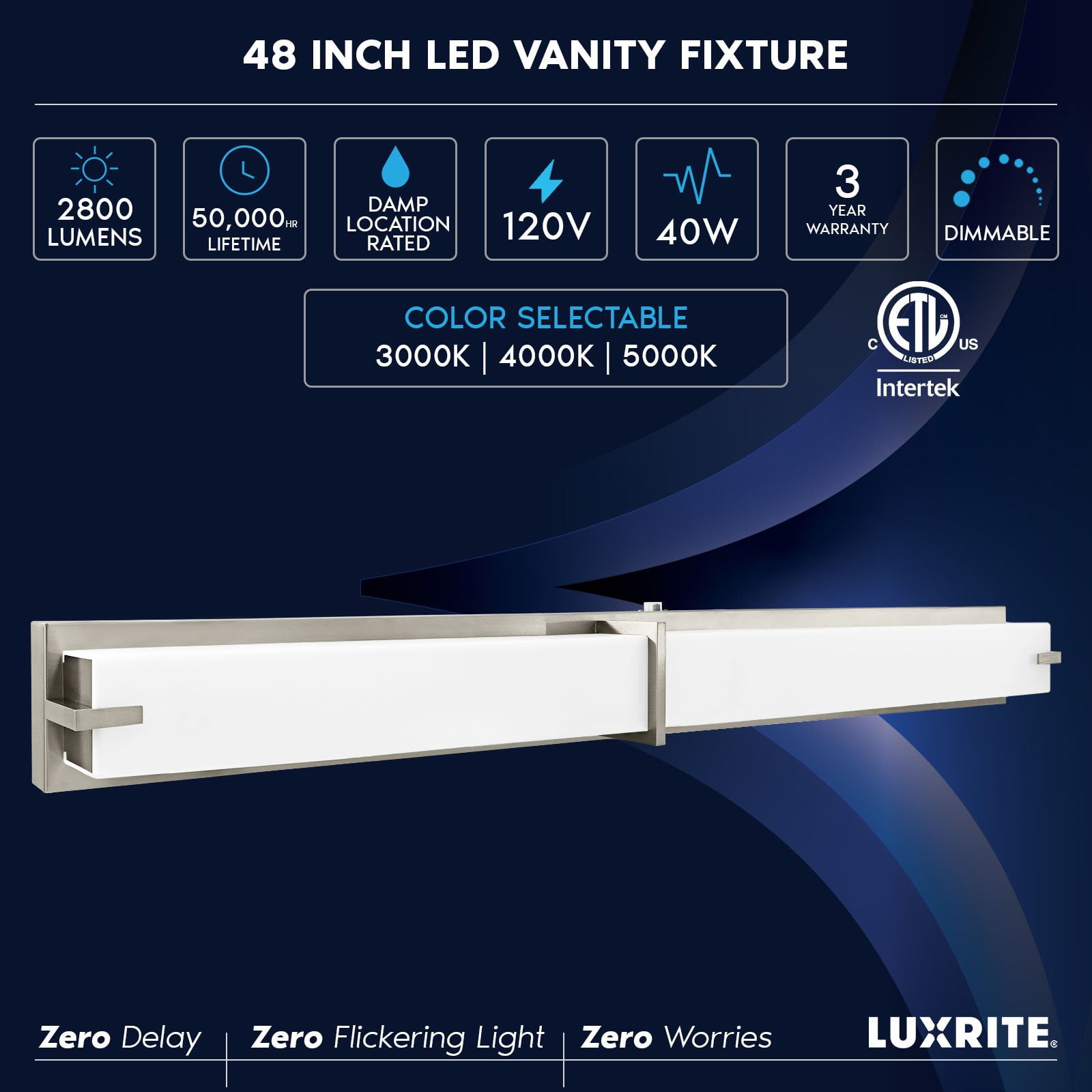 Luxrite 48" LED Vanity Light Brushed Nickel Bathroom Light Fixture 3CCT 40W 2800 Lumens Dimmable Damp Rated ETL Listed