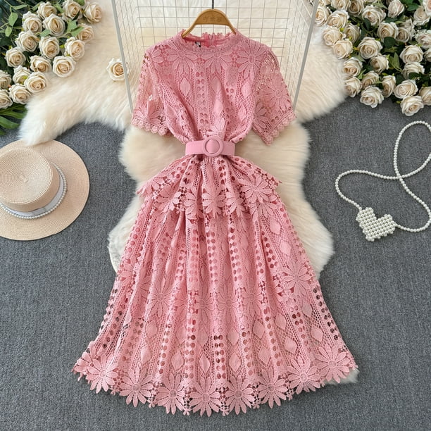 Vestido largo de punto ahuecado para mujer, ropa de encaje, línea A, Vintage, con flores y gancho, novedad de verano
